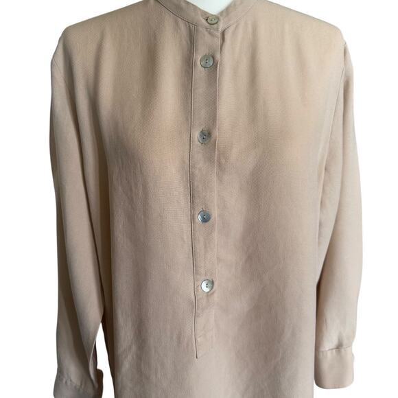 ZARA Tan Lyocell Blend Button-Up Shirt Minimalist Collarless Long Sleeve Blouse - Picture 3 of 10